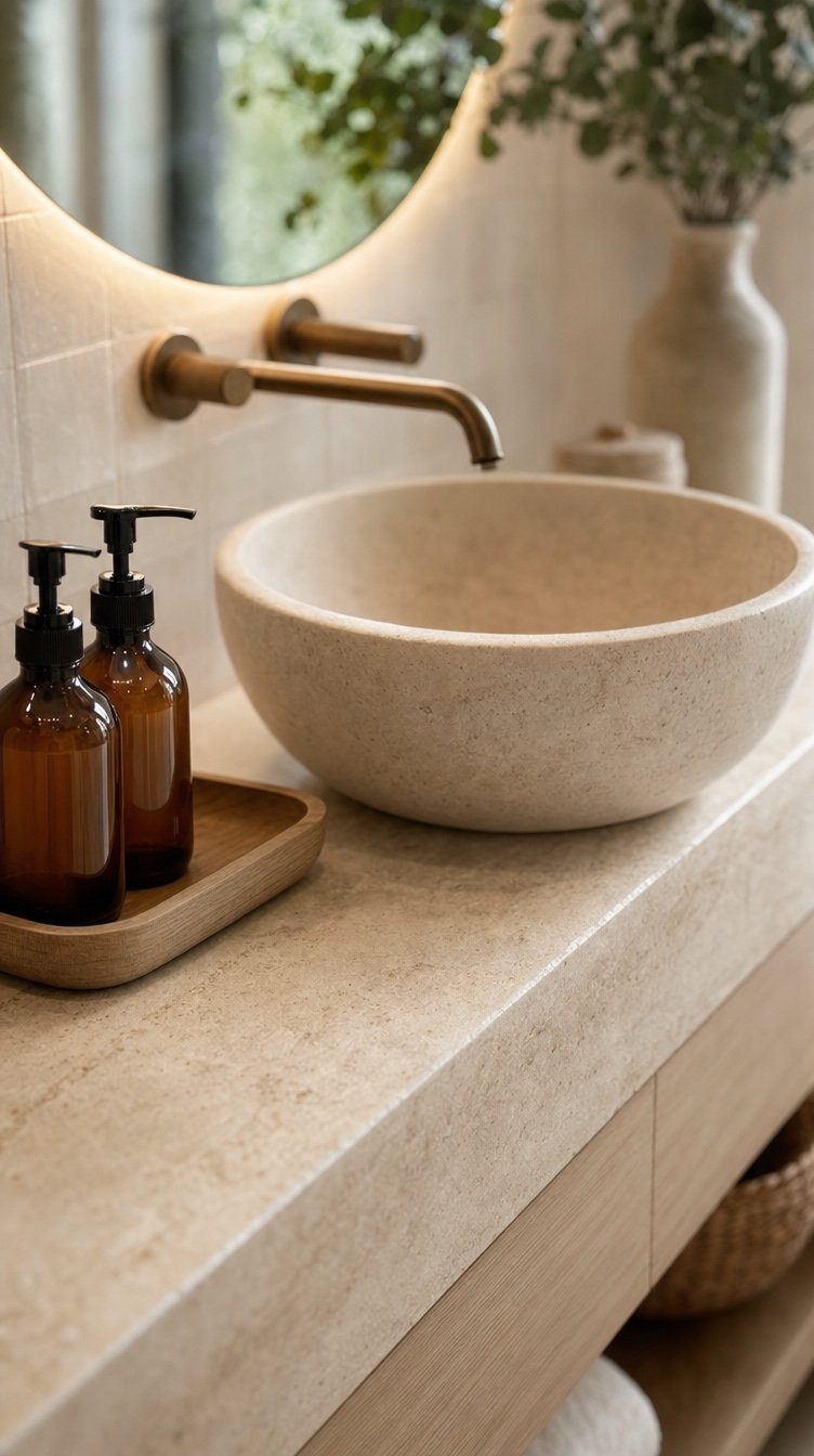 Waschtisch-Detail mit Keramik und Braunglas-Spendern